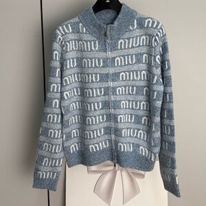 Miu Miu Gray and White Logo Cardigan